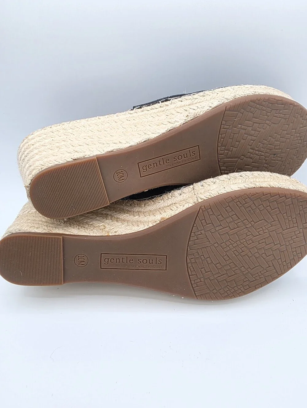 Gentle Souls Kenneth Cole Espadrille Wedge Sandals Black Leather Size 10 Comfort